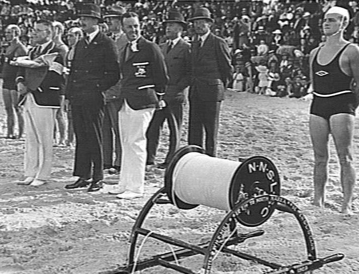 Officials and competitors at a surf carnival at Manly Beach