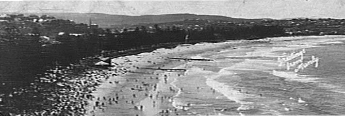 Looking north along Manly Beach from roof of "Borambil" flats
