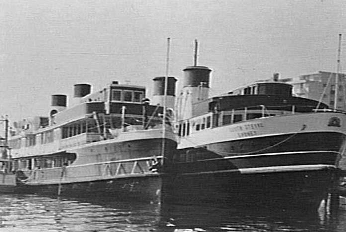 Ferry M.V. Bellubera on left beside S.S. South Steyne