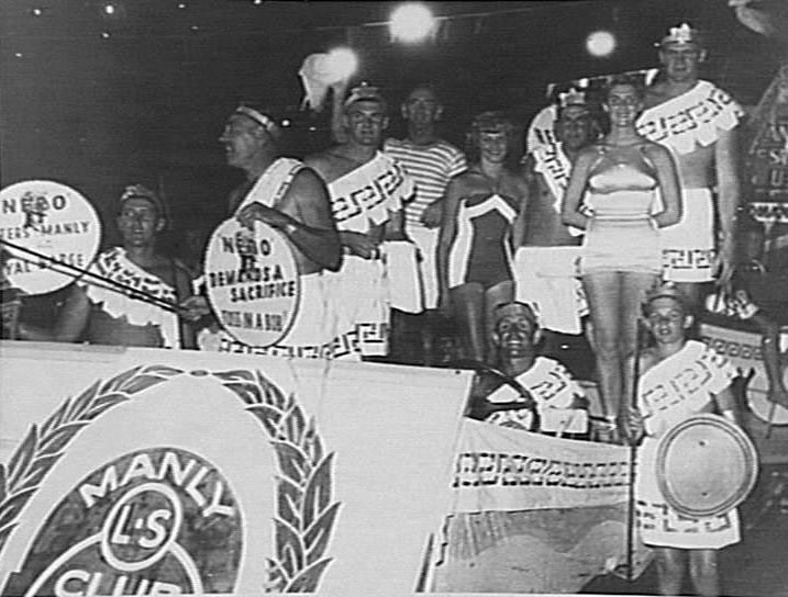 Members of Manly Life Saving Club on float for fund-raising drive
