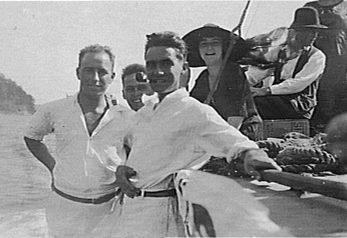 Members of Manly Surf Club on boat on Cowan Creek, c 1920