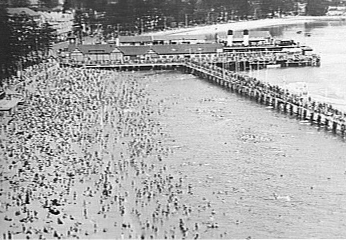 Manly Cove with Harbour Pool, Manly Wharf and ferry, c 1920s