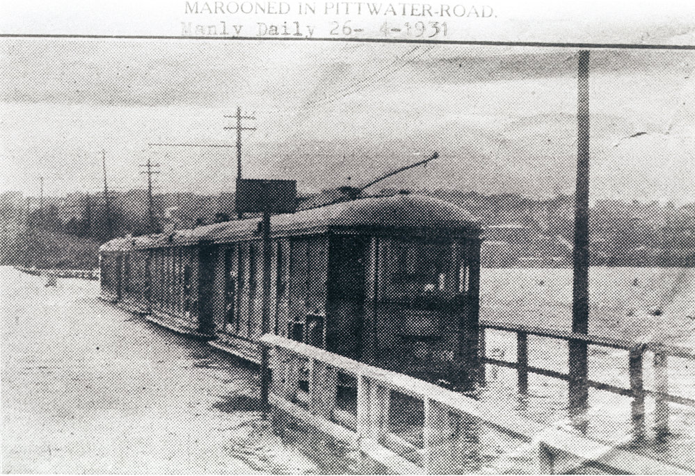 A tram marooned on Pittwater Road as Manly Lagoon floods, 1931
