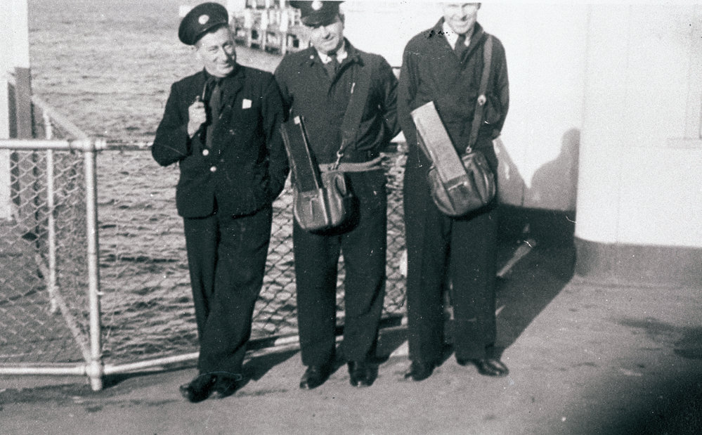 Bus drivers at Manly Wharf, including Ted Semper and Ted Pember