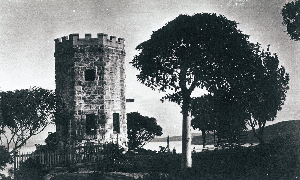 The stone tower of Manlys Camera Obscura below Dalley's Castle