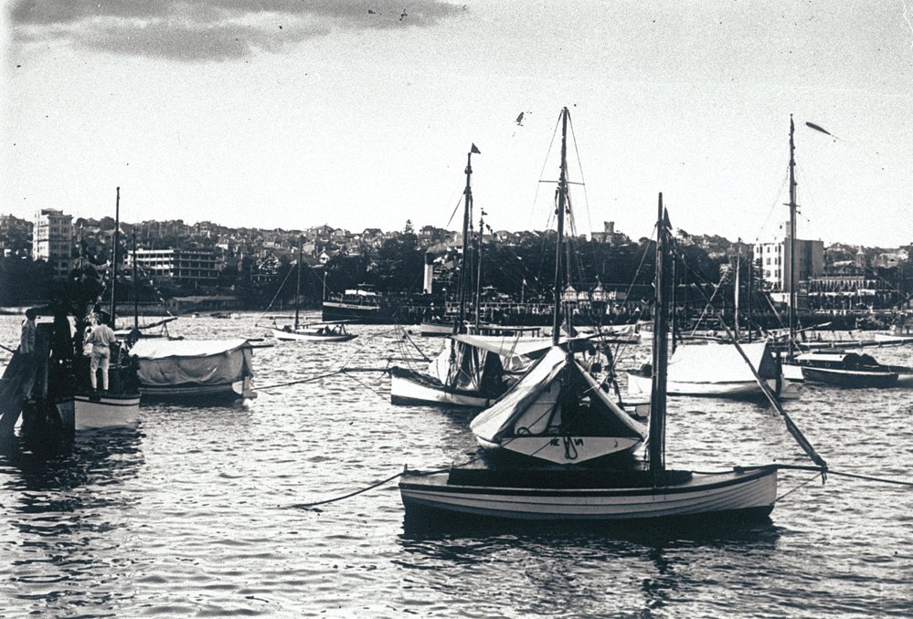 Boats in Manly Cove preparing for a Venetian Carnival