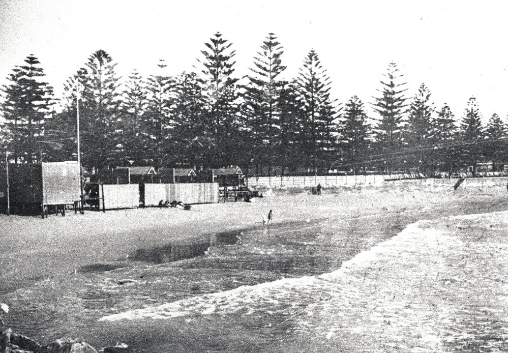 Manly Beach, showing the dressing sheds and Norfolk Island Pines