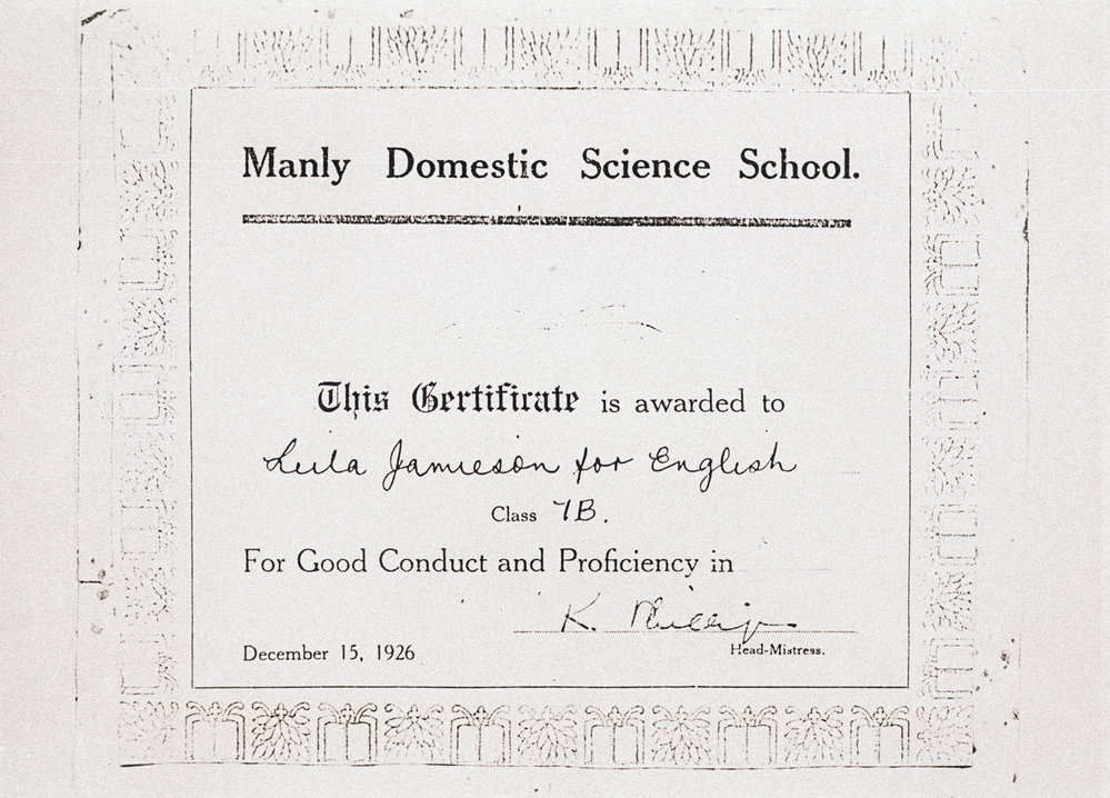 Certificate of Proficiency, Manly Domestic Science School, 1926