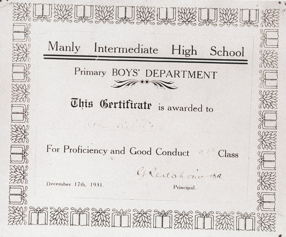 Certificate of Proficiency, Manly Intermediate High School, 1931