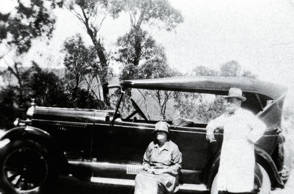 Charles and Adelaide Notting with their hire car at Newport