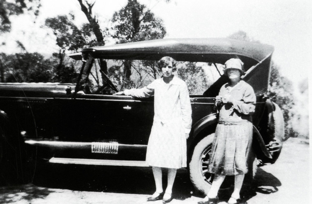 Adelaide Notting, (right), and another with hire car at Newport