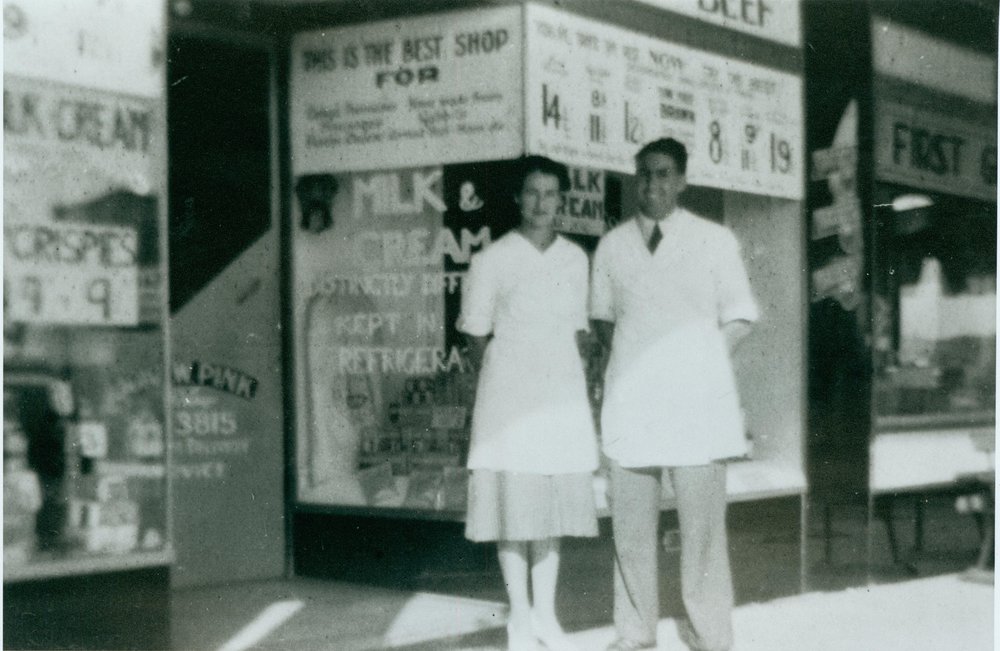 John and Jess Pink outside their delicatessen in Sydney Road, Balgowlah