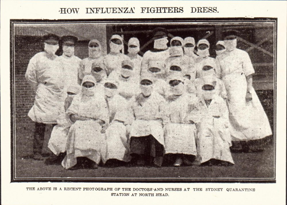 Doctors and Nurses at Quarantine Station dressed for protection during Spanish Flu Epidemic