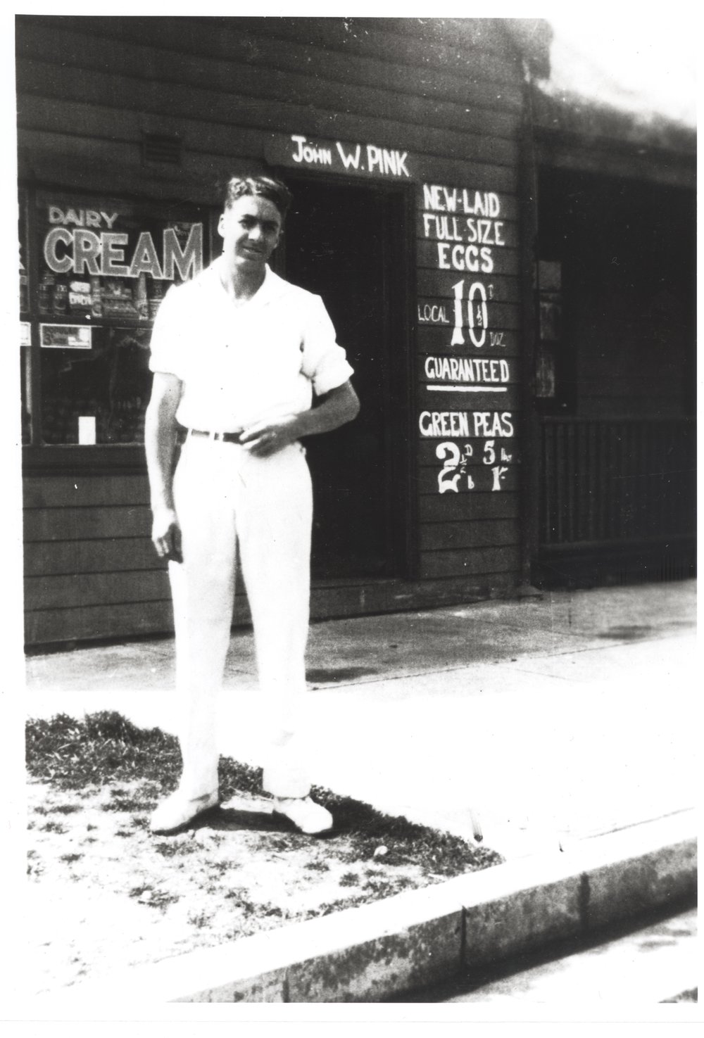 John Pink outside his shop on the corner of Edwin and Suwarrow Street, Fairlight