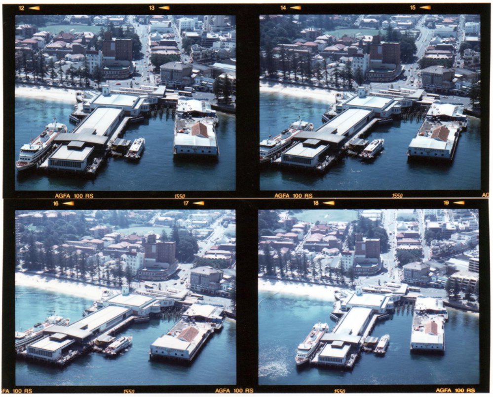 Four aerial views of Hotel Manly, Manly Wharf and Fun Pier