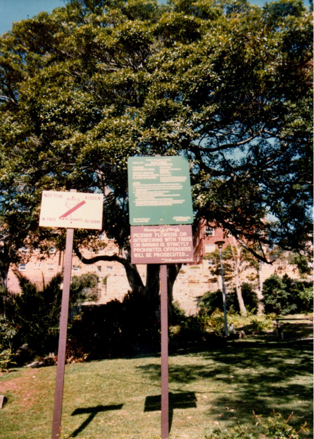 Ivanhoe Park rules and regulations signs, 1982, Manly