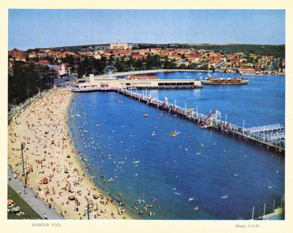 View of Manly Pool, Manly Harbour Beach and wharf, 1960s
