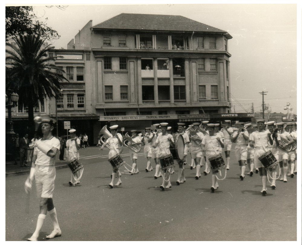 The Royal Australian Navy band marching along The Corso, 1960