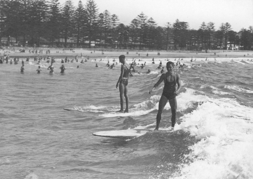 Surf board riding at Manly Beach, c late 1930s