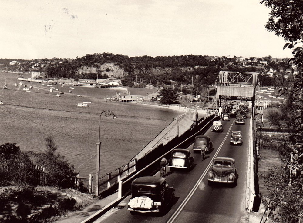 View over Spit Bridge from Seaforth, 11am Sunday traffic, 1949