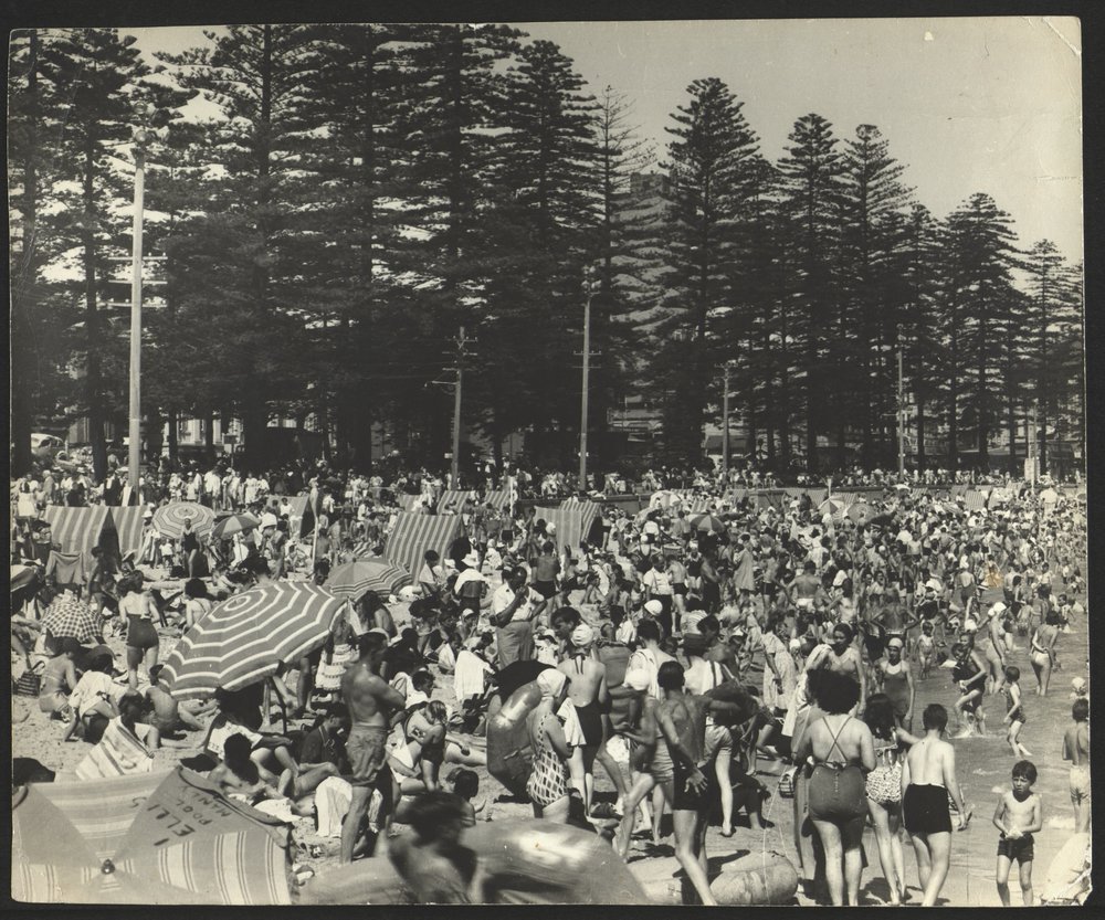 Crowd on beach at Manly Pool, West Esplanade, 1960
