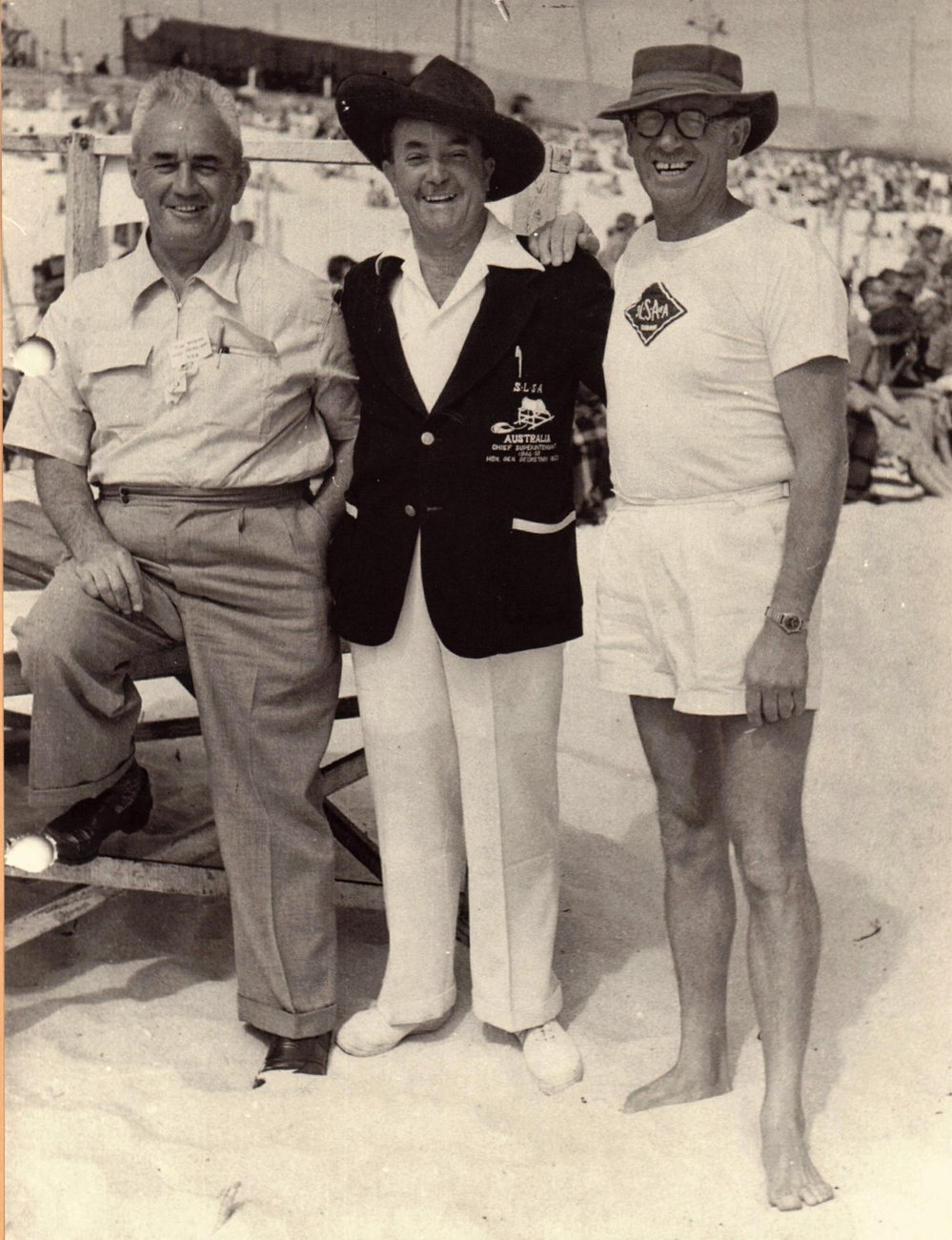 J. Moran, Ken Watson, and A. Walker at Scarborough Beach, W.A.