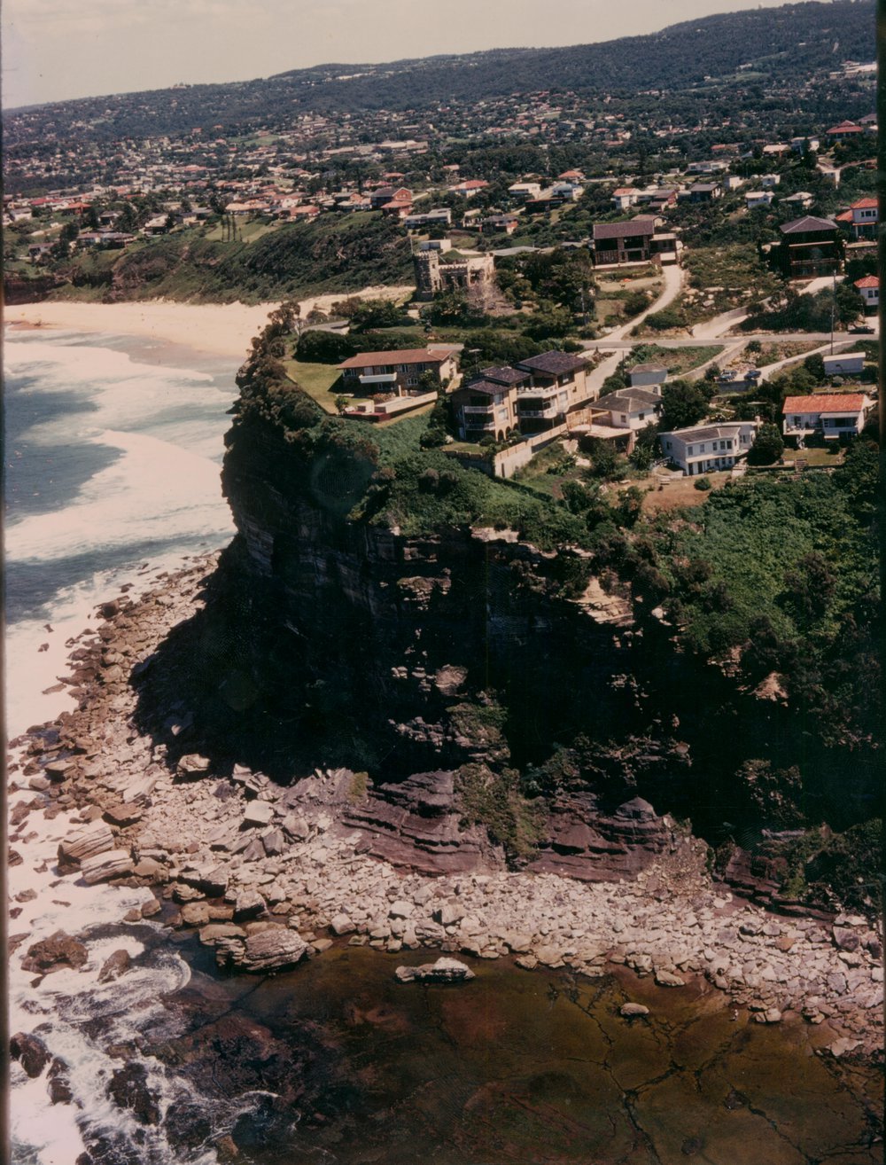 Aerial view of Bungan Head, including Bungan Castle