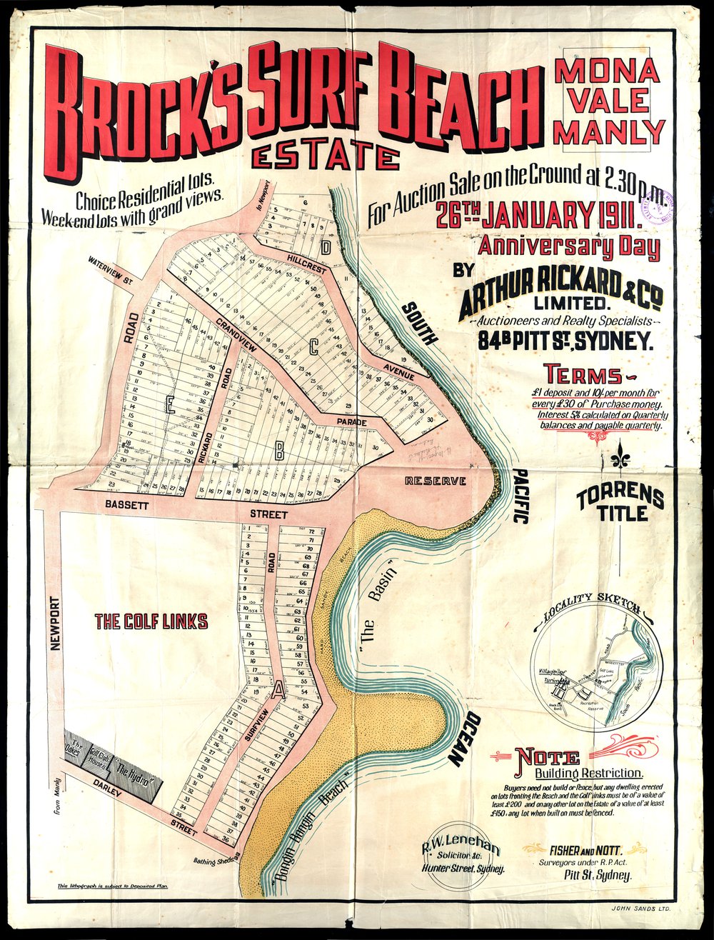 Brock's Surf Beach Estate, Mona Vale 1911: Subdivision plan