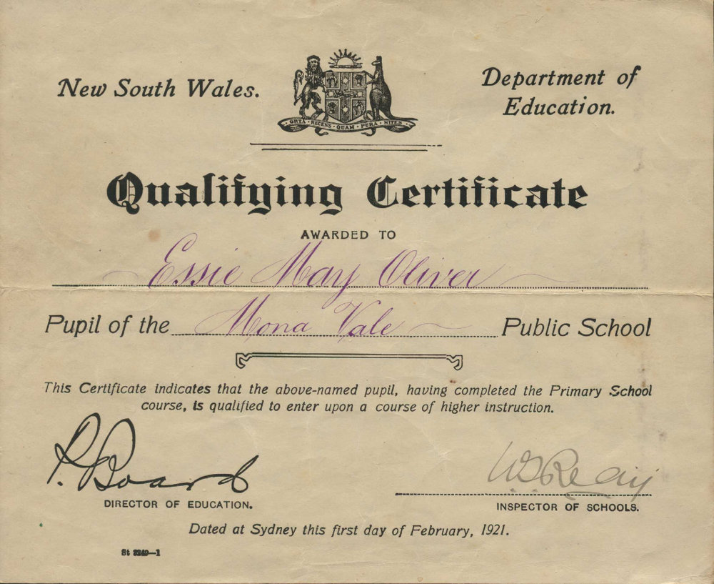 Essie May Oliver Qualifying Certificate 1921