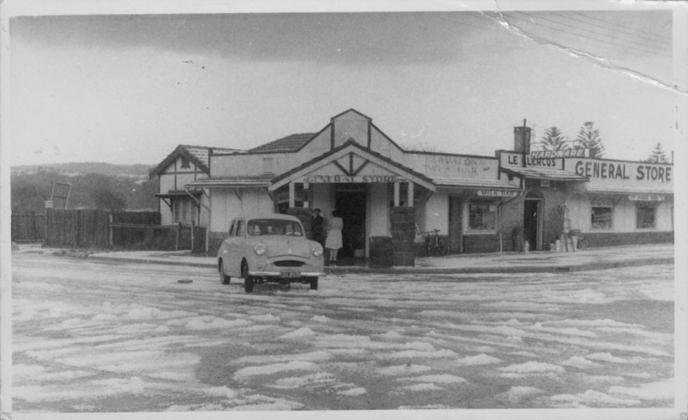 Hail storm at Avalon. Outside general store on corner of Avalon Parade and Barrenjoey Road. 