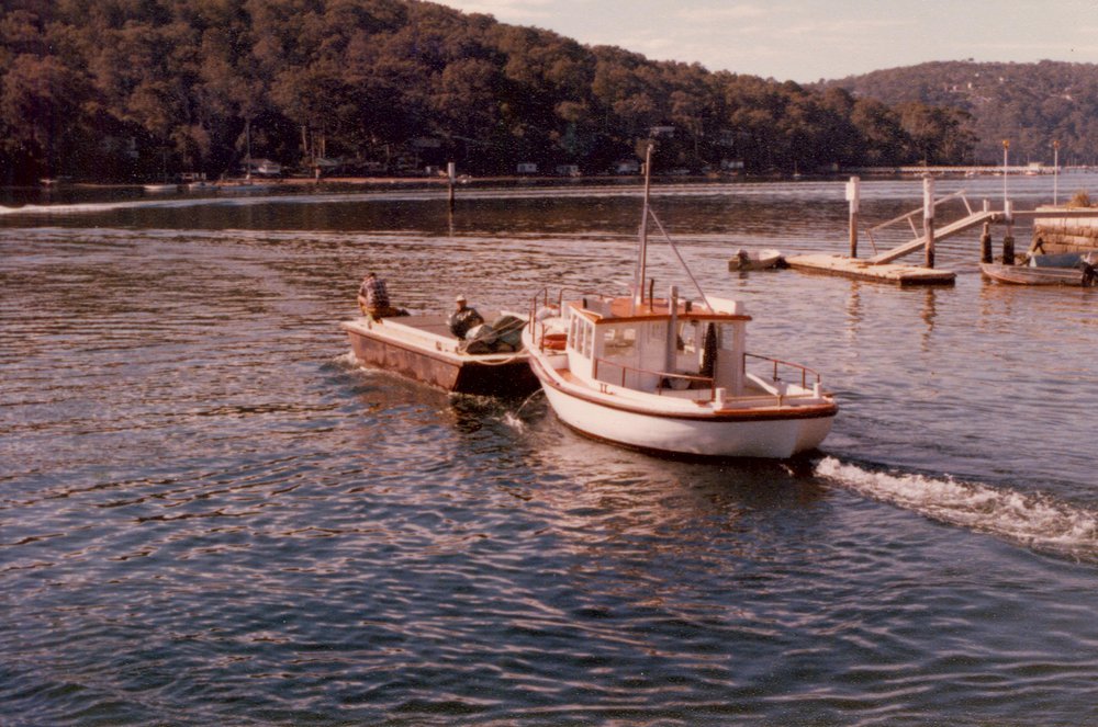 Boat "Patsie" pushing barge, Pittwater