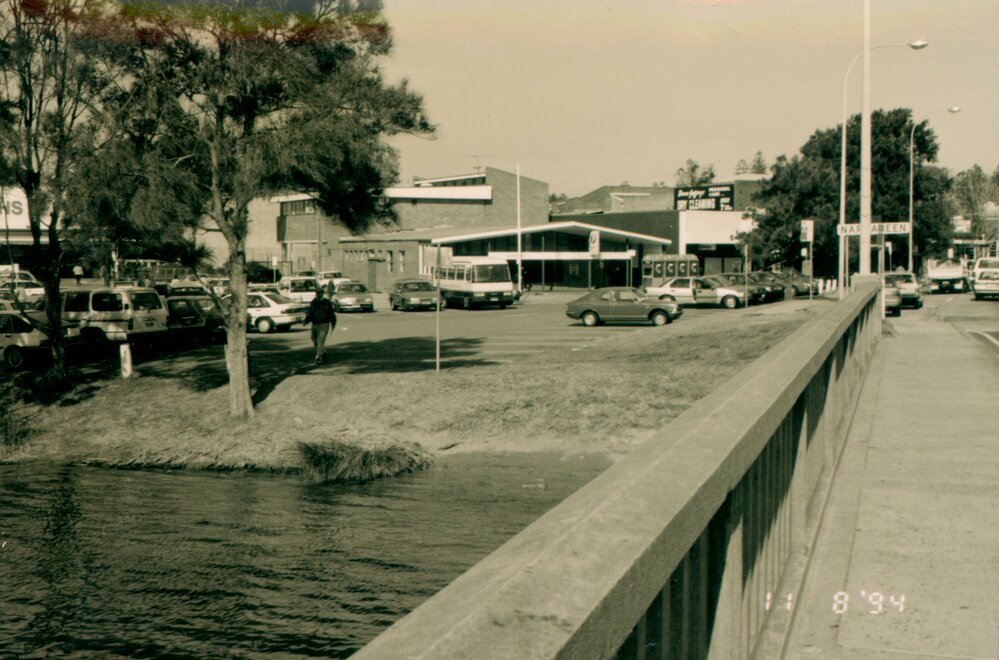 Pittwater Road Narrabeen Bridge looking south towards Post Office and Woolworths