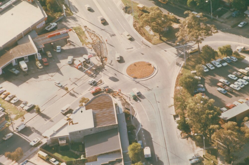 Aerial View of roundabout at junction with Pittwater Road, Park Street and Bungan Street, Mona Vale