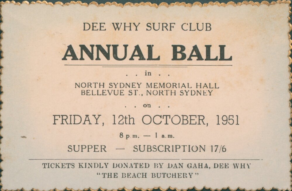 1951 Ticket to the Dee Why Surf Club Annual Ball