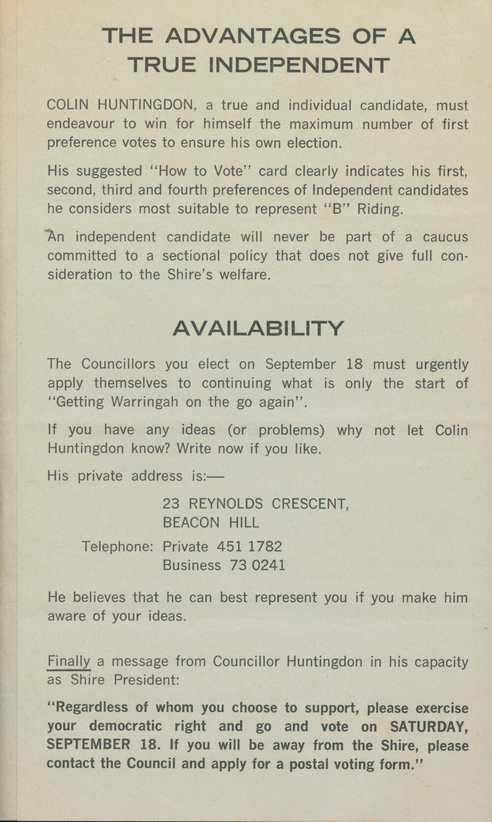 Colin Huntingdon, Warringah Shire Council Election Flyer