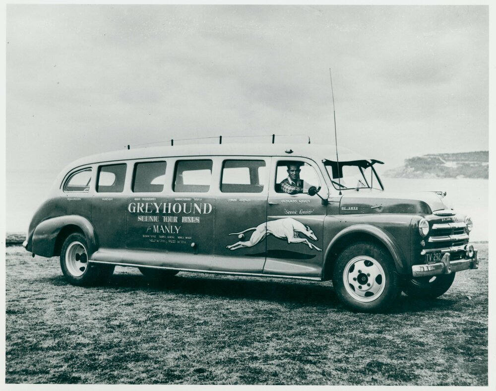 De Soto Greyhound bus parked on the promenade at Manly Beach
