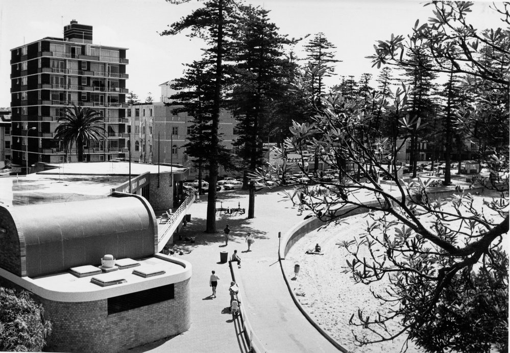 South end of Manly Beach, with a view across the Manly Surf Pavilion roof, Manly, 1988