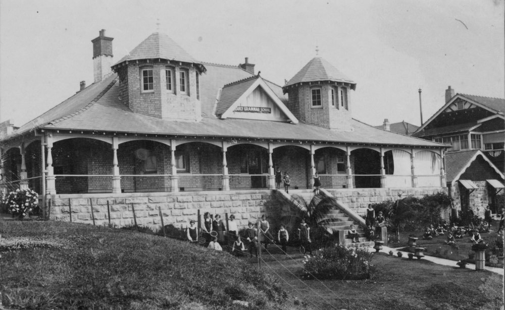 Manly Grammar School entrance showing students, Manly, c1930s to c1940s