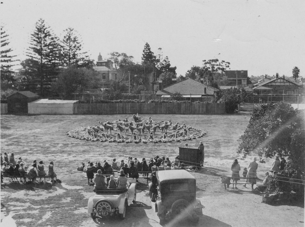 Students from Brighton College, Manly, doing physical training on an unidentified site, c1930s