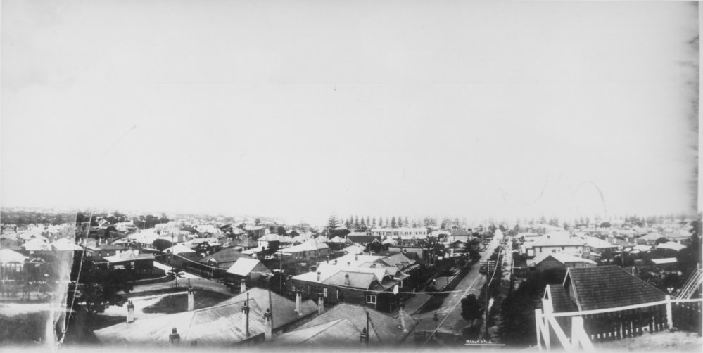 View east to North Steyne, showing Norfolk Island pines, Manly, 1920