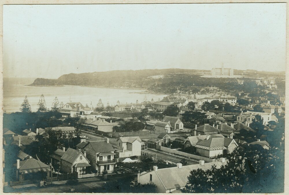 View southeast from Kangaroo Hill showing the first Catholic Church, Manly, 1892