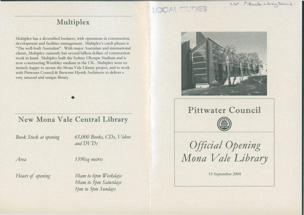 Official Opening Program Mona Vale Library 2004
