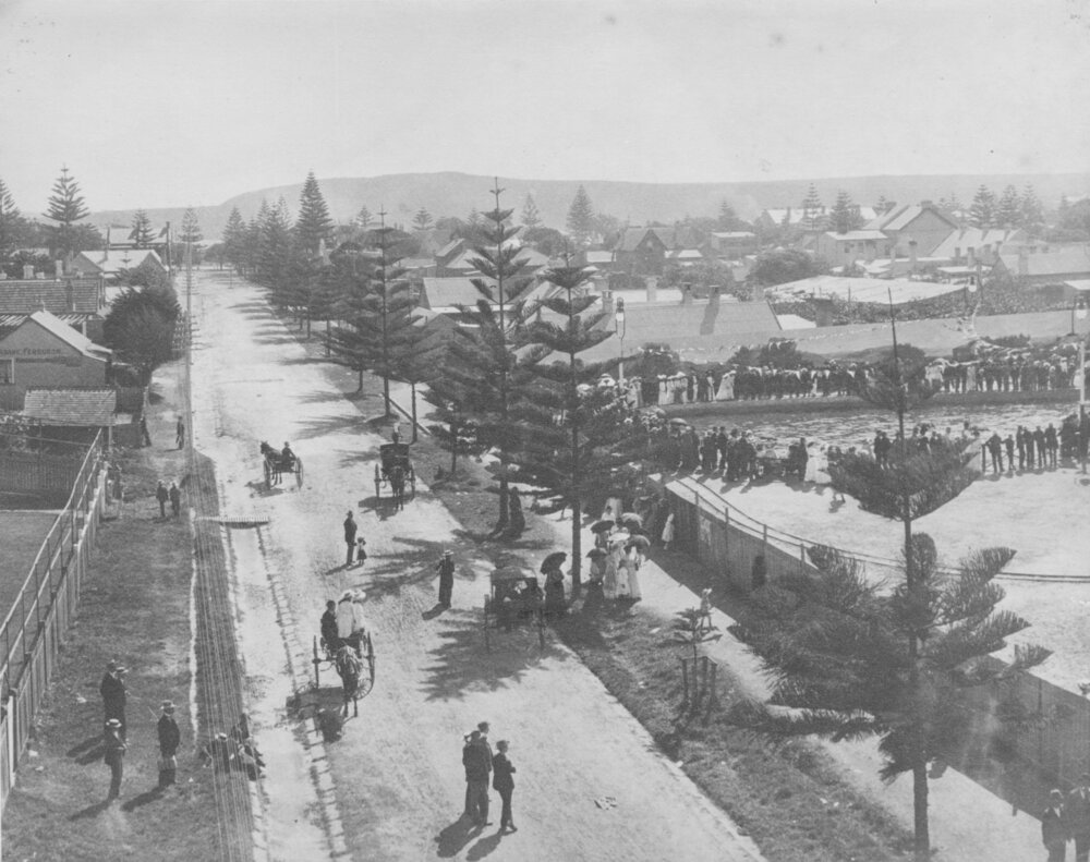 Crowds gathered in Ashburner Street and at the man made lake at the base of the Manly Water Chute, Manly, c1905