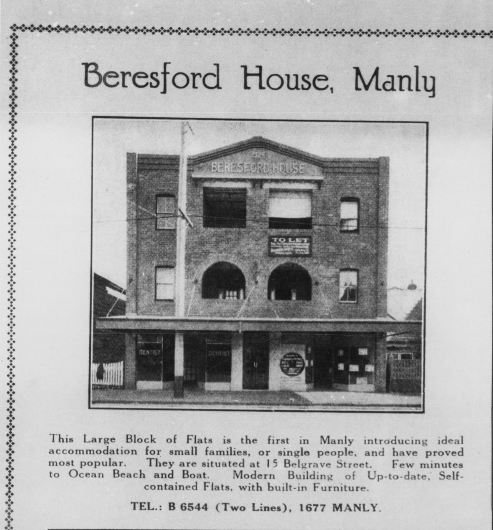 Advertisement for the block of flats, Beresford House, 15 Belgrave Street, Manly, c1927