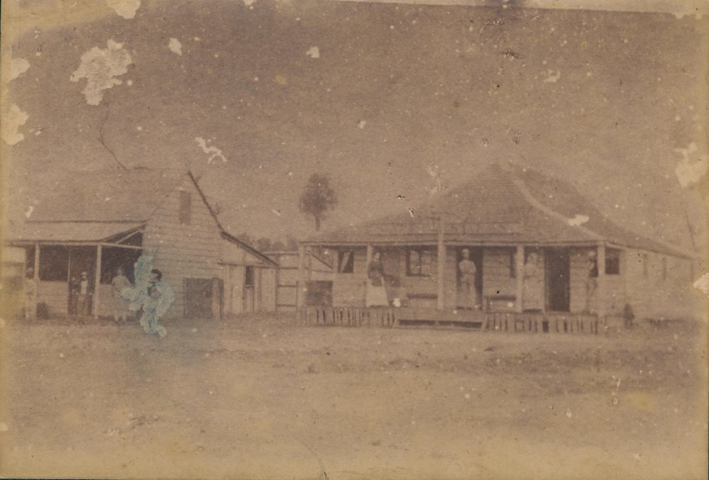 Old Cottage with people on the verandah, Captain Flats Arms (?), Manly, c1850s