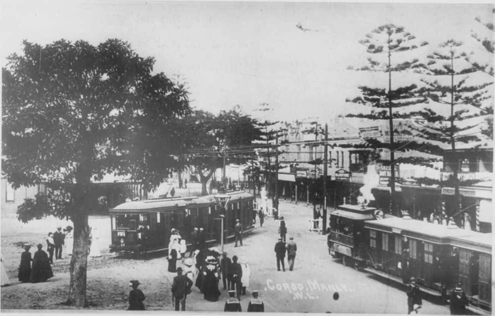 Steam and electric trams, The Corso, Manly, 1911