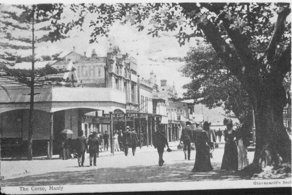 View facing southwest, showing people walking along The Corso, Manly, 1911