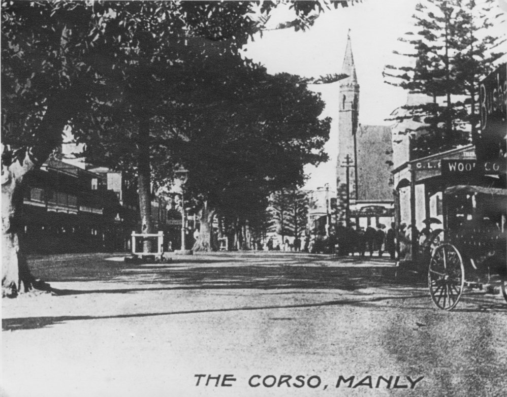 View northeast along The Corso, with St Matthew's Church, Manly, c1905