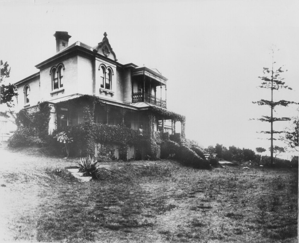 Two storey mansion, Uyeno, Smedleys Point, part of a panorama, Manly c1875