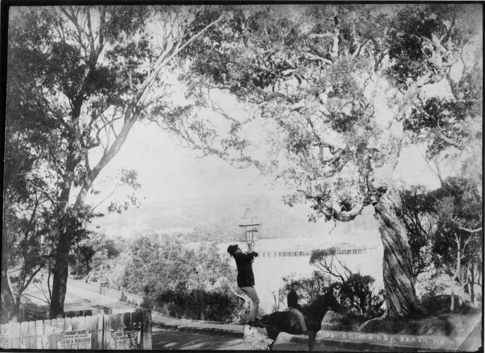 Lamp lighter at work, with rider on a horse, James Street, Manly, c1903